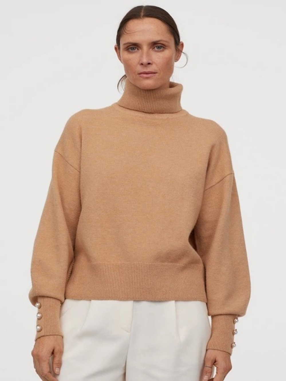 H&M Camel Turtleneck Sweater with Pearl Cuff buttons